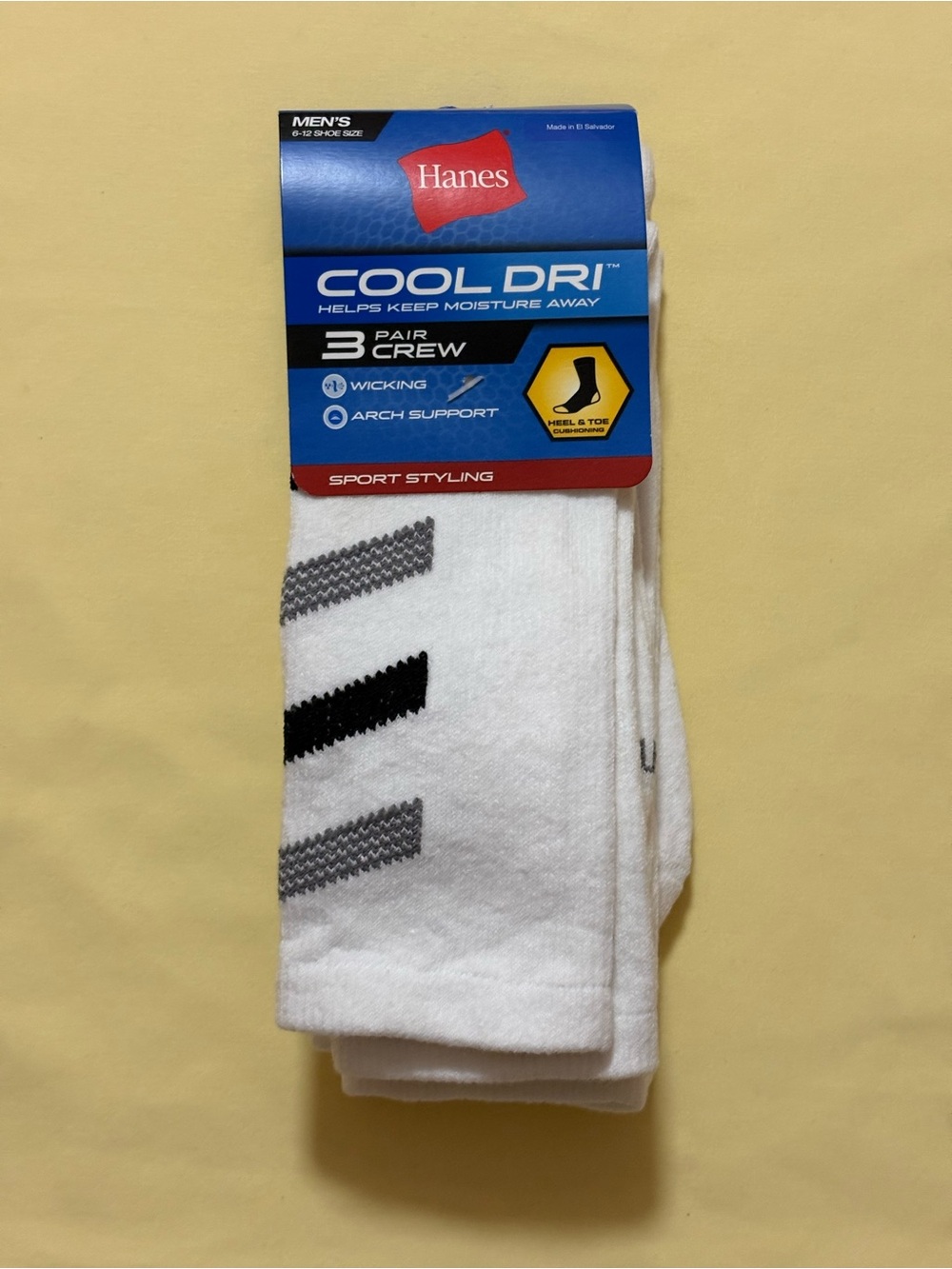 🍎 HANES Men’s Crew Socks Pack of 3 Pairs White Cushion Cool Dri Sz 6-12 NWT
